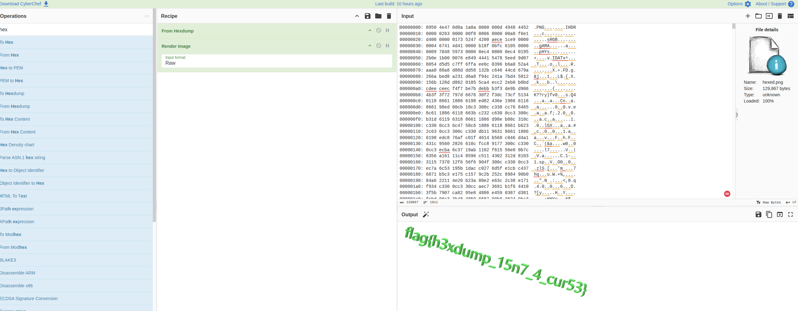 CyberChef showing the From Hexdump operation with hexed.png as input, rendering the recovered PNG image containing the flag