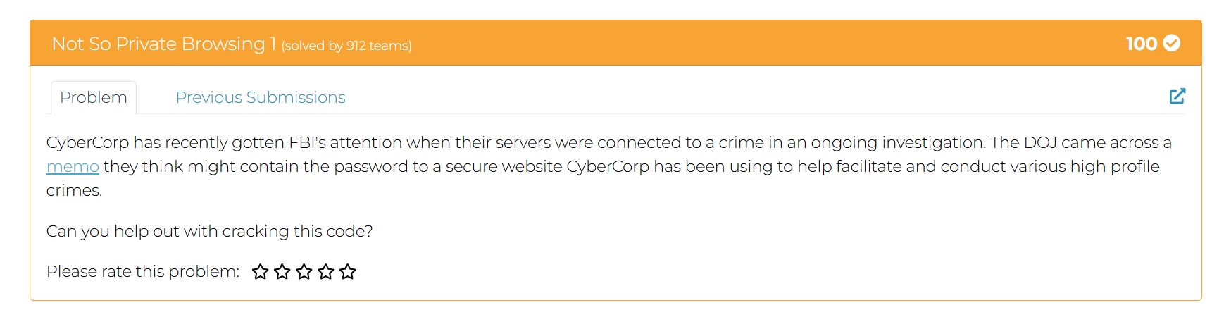 MetaCTF challenge card for Not So Private Browsing 1 showing 100 points and solved by 912 teams