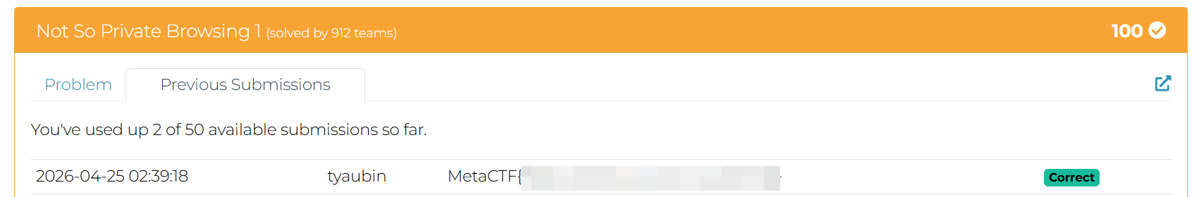 MetaCTF previous submissions tab showing the flag submission marked as Correct