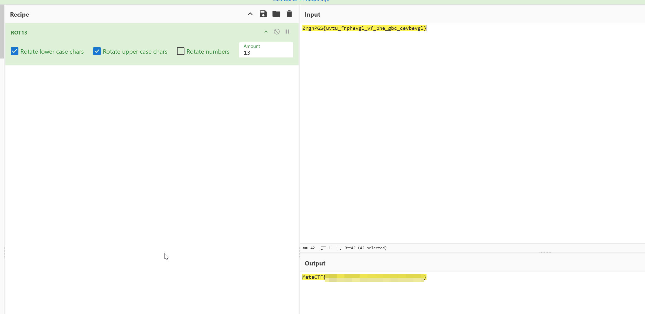 CyberChef showing ROT13 applied to the encoded ciphertext with the MetaCTF flag as output