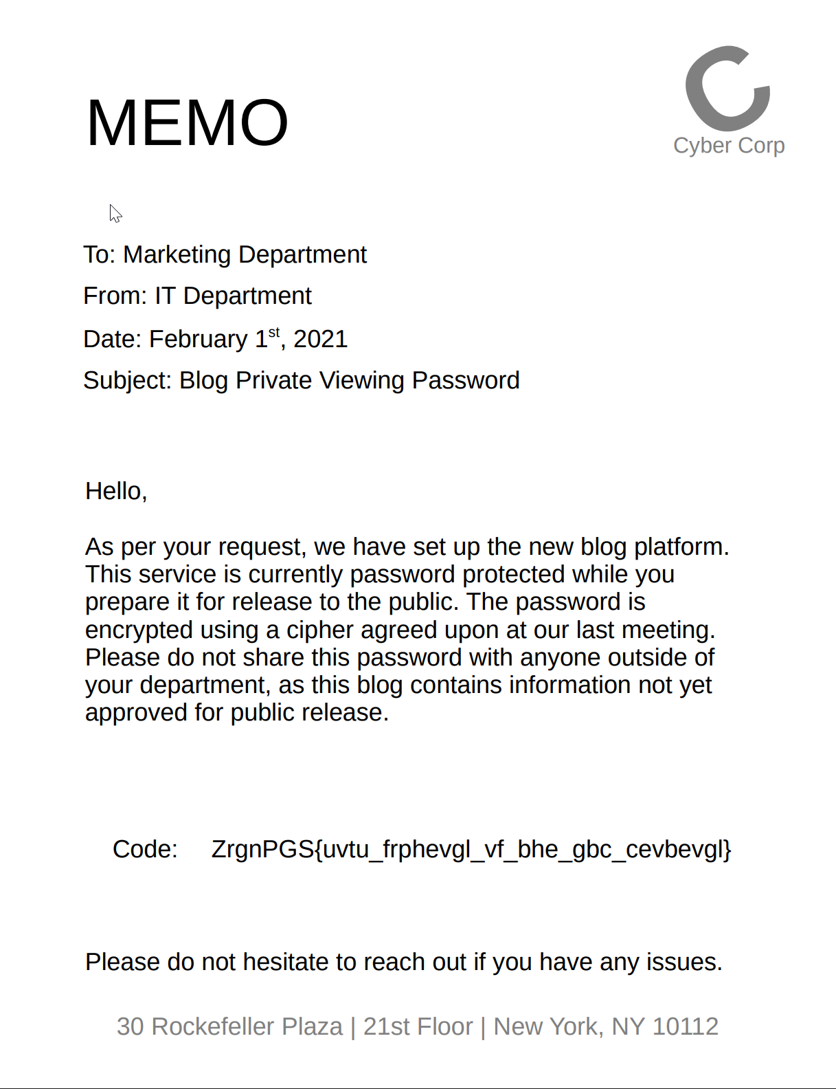 CyberCorp internal memo containing the ROT13-encoded password code