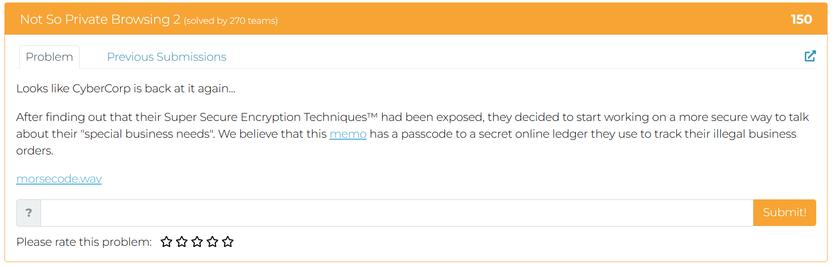 MetaCTF challenge card for Not So Private Browsing 2 showing 150 points and solved by 270 teams
