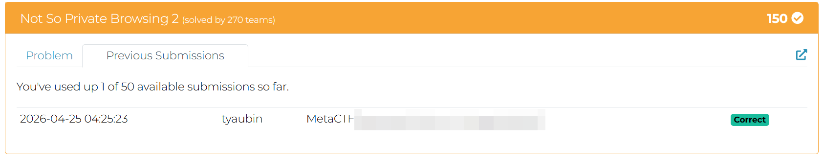 MetaCTF previous submissions tab showing the flag submission marked as Correct