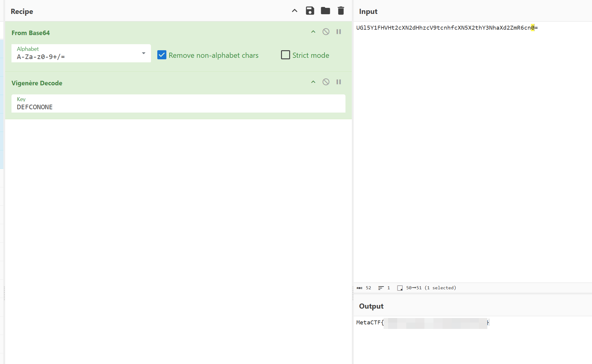CyberChef showing Base64 then Vigenere Decode with key DEFCONONE producing the MetaCTF flag