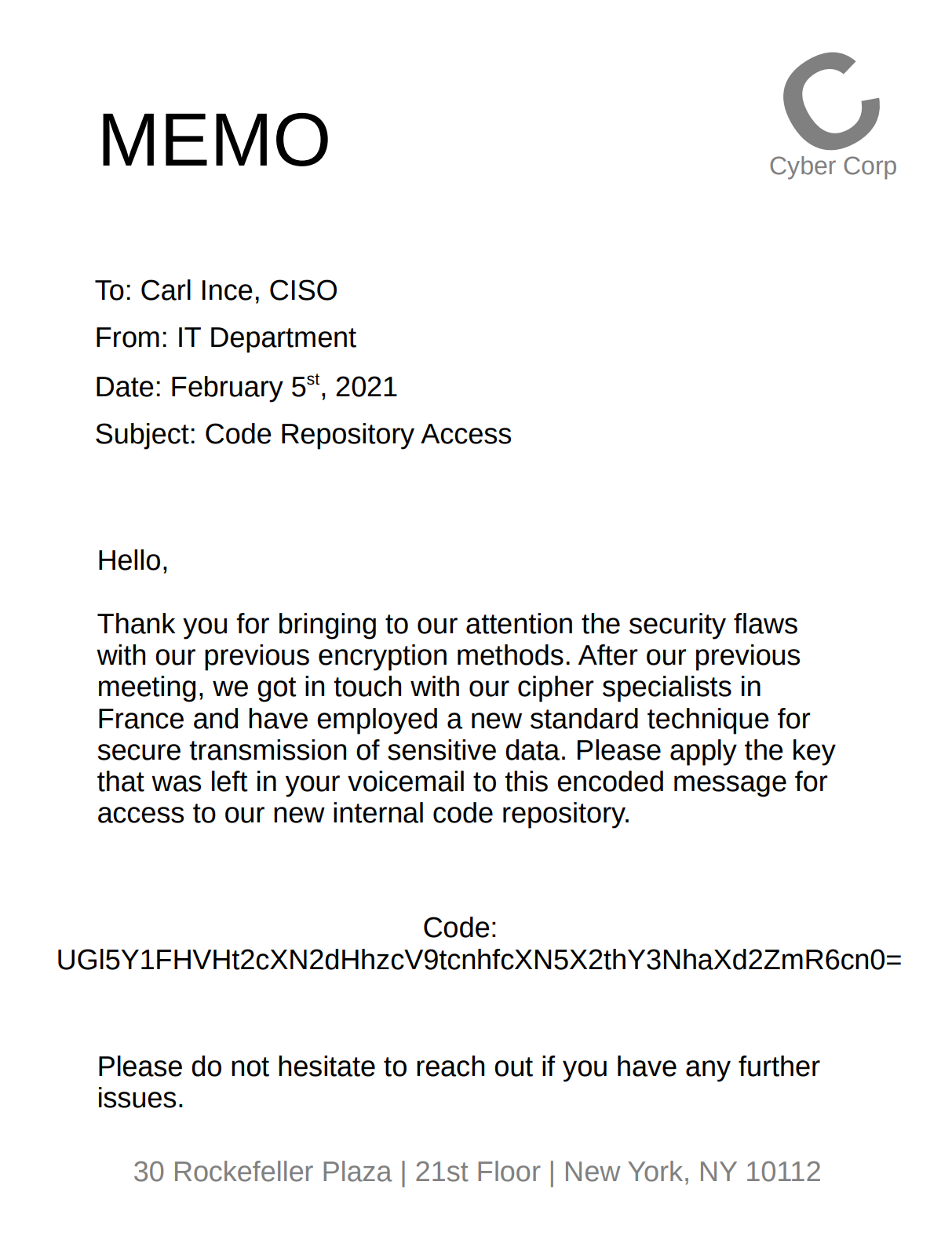 CyberCorp internal memo addressed to Carl Ince CISO containing the Base64 encoded ciphertext