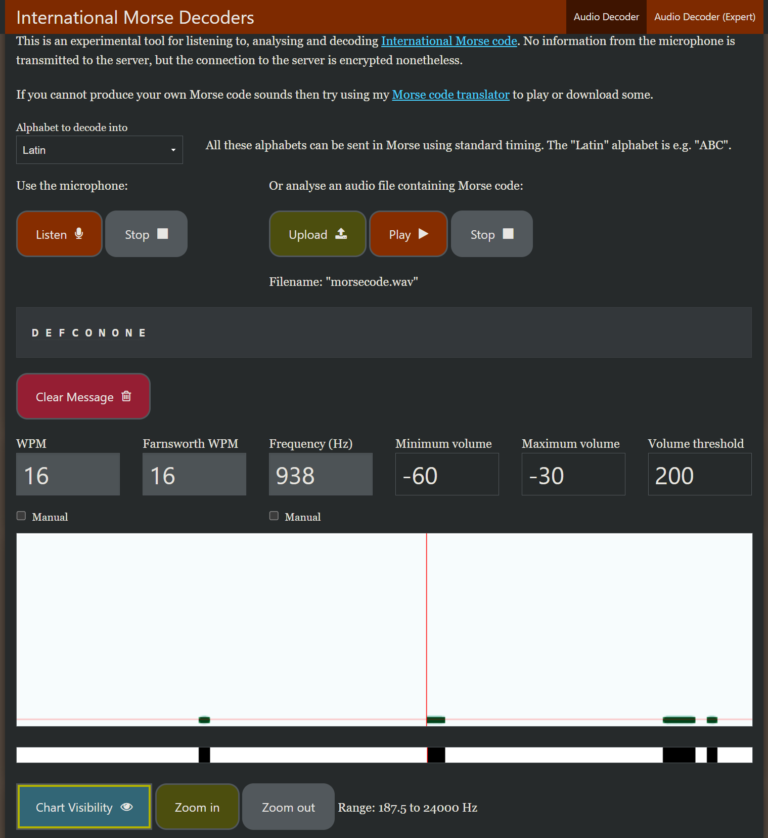 International Morse Decoders tool showing DEFCONONE decoded from the morsecode.wav audio file