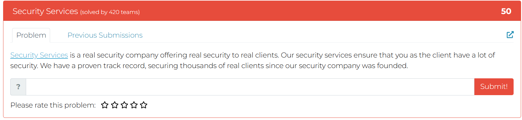 MetaCTF challenge card for Security Services showing 50 points and solved by 420 teams