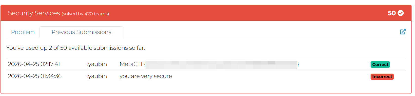 MetaCTF challenge page showing the challenge marked as solved