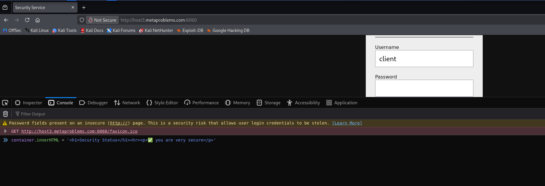 Browser console showing the login bypass succeeded with the security status message displayed