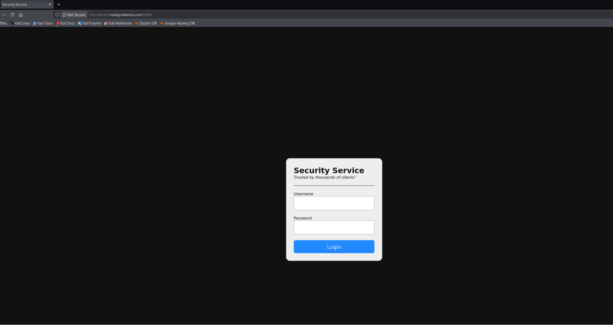 Security Services login page with username and password fields
