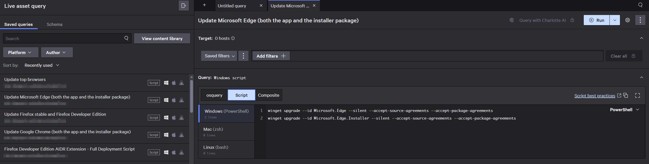 Falcon for IT showing saved browser update scripts in the left panel and the Edge update script open with winget upgrade commands for Microsoft.Edge and Microsoft.Edge.Installer