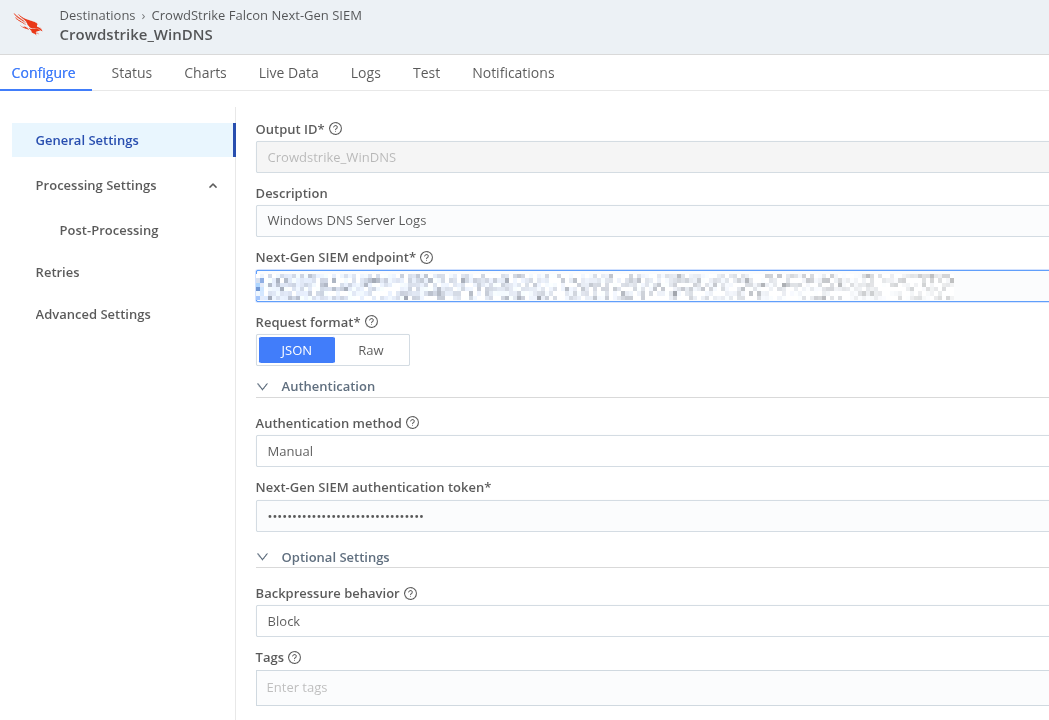 Cribl CrowdStrike NG-SIEM destination config for Windows DNS logs