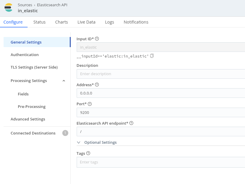 Cribl Elasticsearch API source config showing input ID in_elastic on port 9200