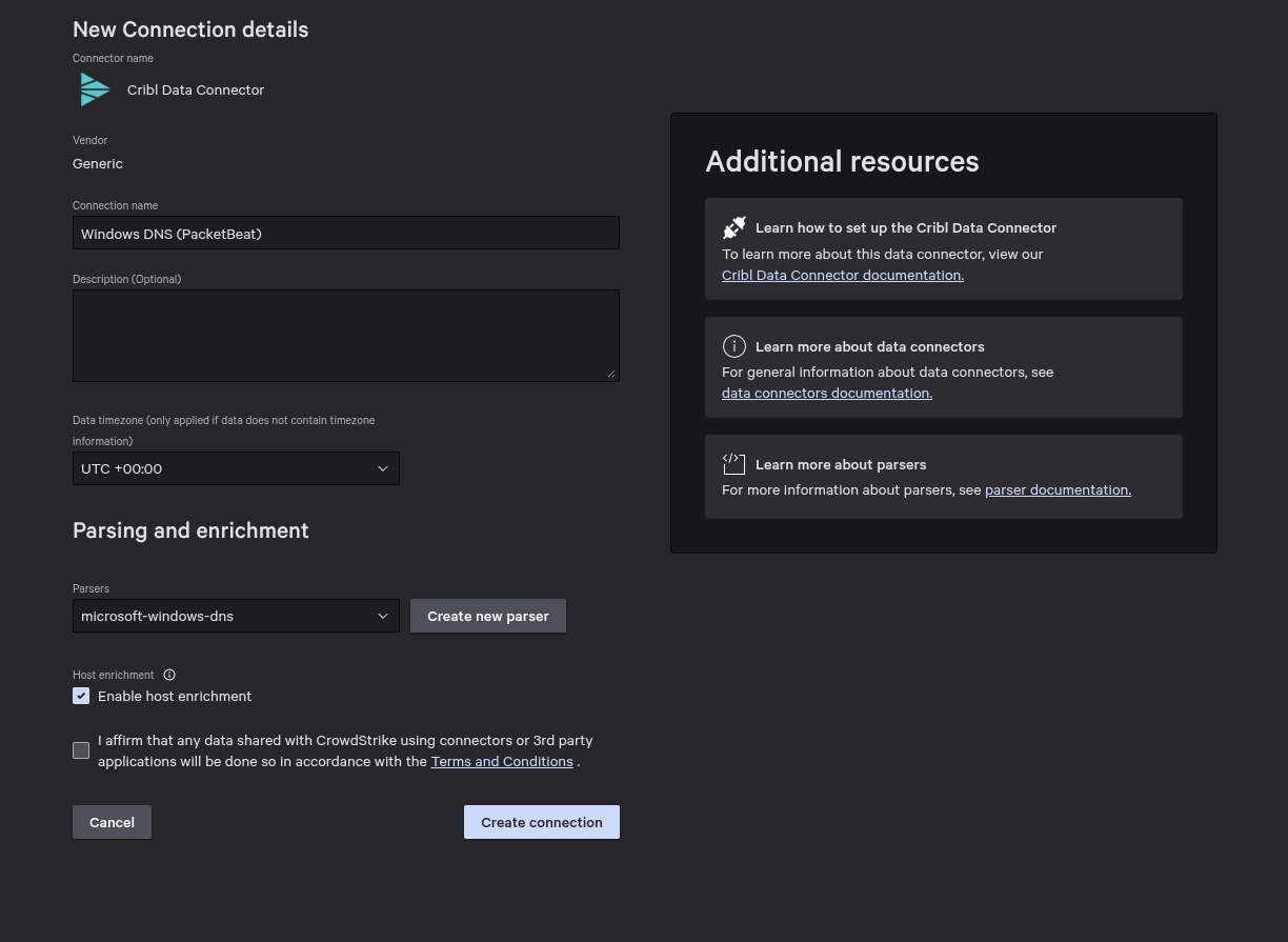 CrowdStrike new connection details showing Windows DNS PacketBeat connector with microsoft-windows-dns parser