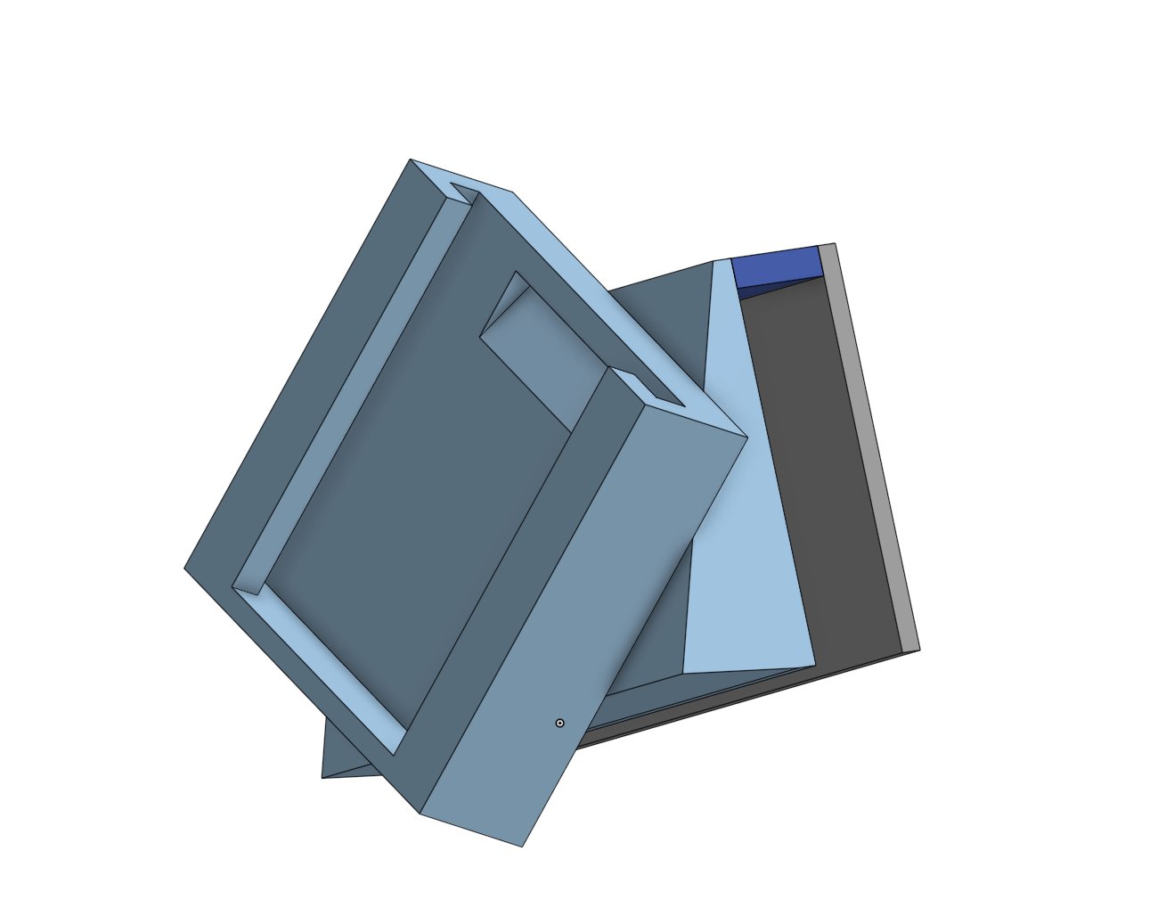 CAD model showing the two-piece bracket design. The split lets you set the angle before final assembly.