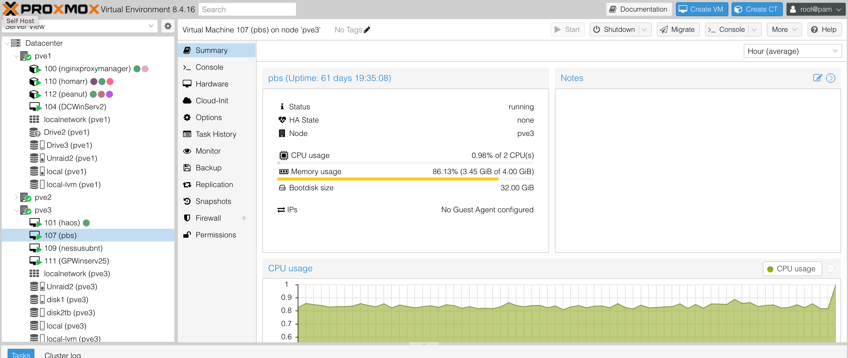 PBS VM summary showing uptime and memory usage in Proxmox VE