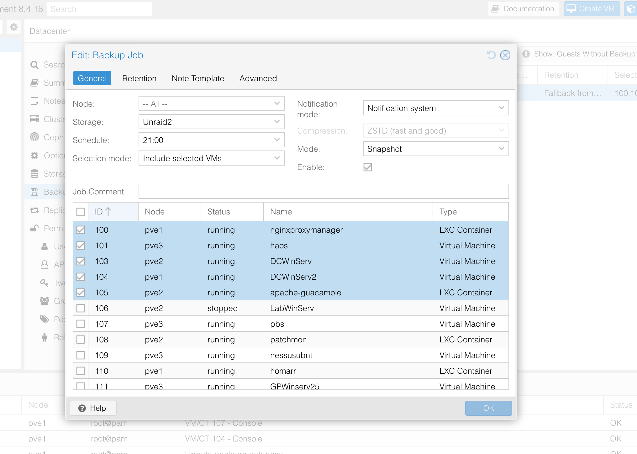 Proxmox VE backup job configuration showing selected VMs and containers
