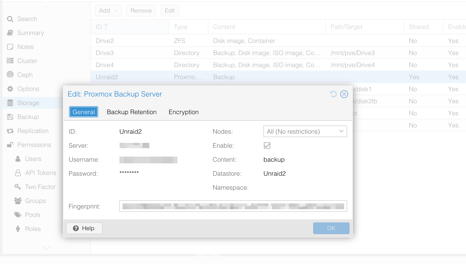 Proxmox VE storage configuration for PBS showing Unraid2 datastore connection