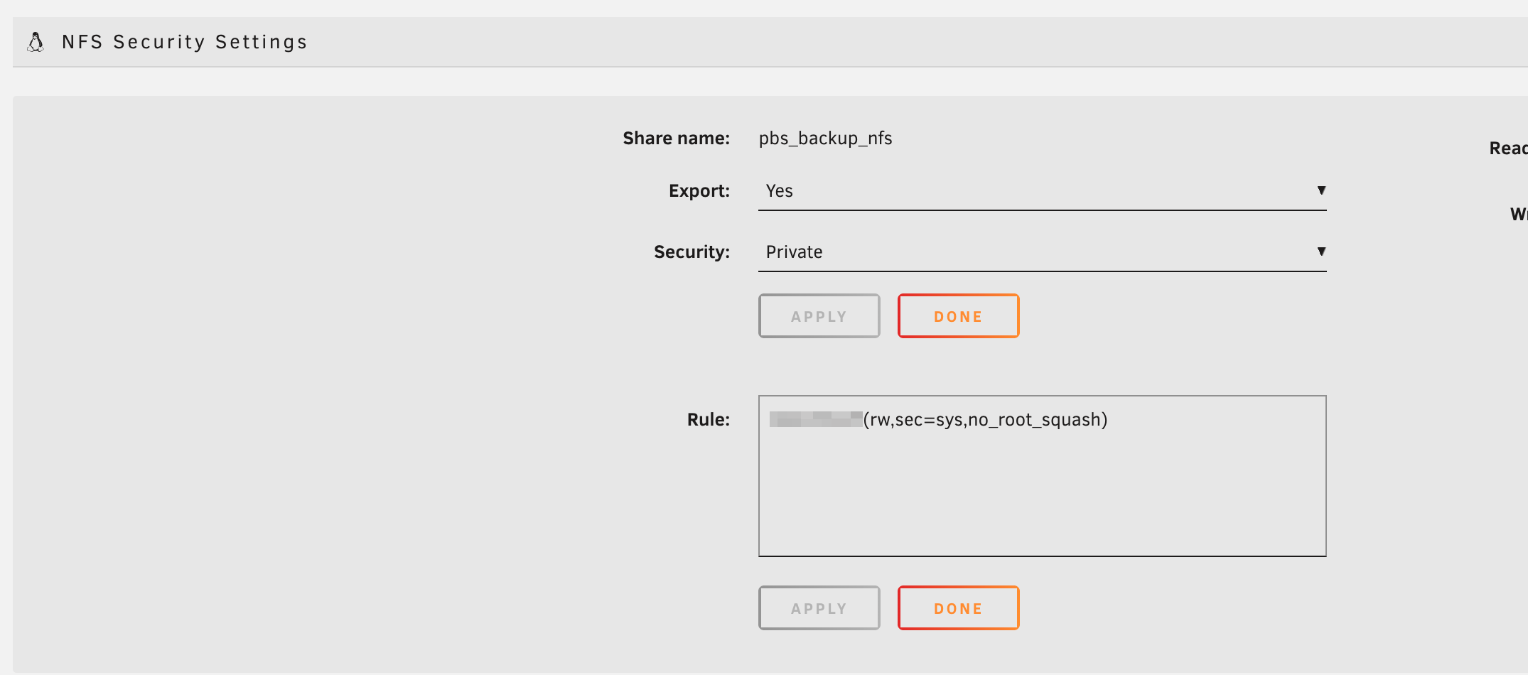 Unraid NFS security settings showing Private export with no_root_squash rule