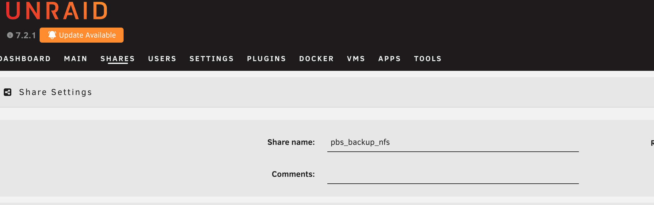 Unraid share settings for pbs_backup_nfs