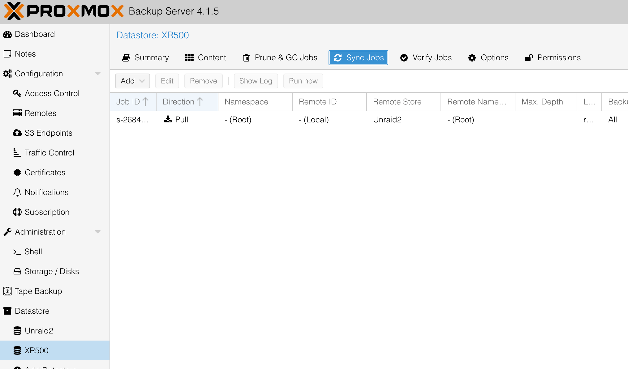 PBS XR500 datastore Sync Jobs tab showing pull job from Unraid2