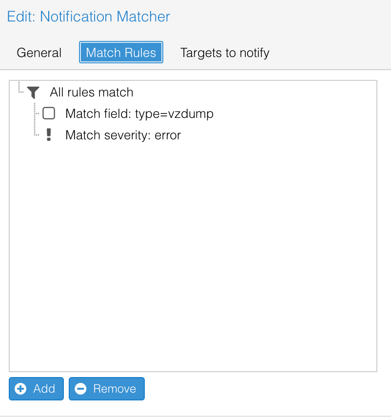 Edit: Notification Matcher showing Match Rules tab with type=vzdump and severity=error conditions