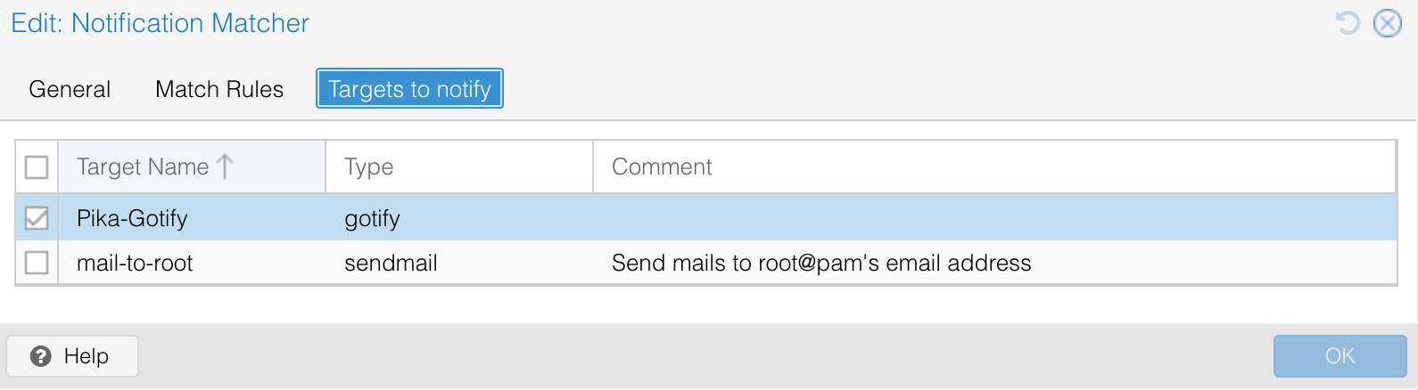 Edit: Notification Matcher Targets to notify tab with Pika-Gotify selected