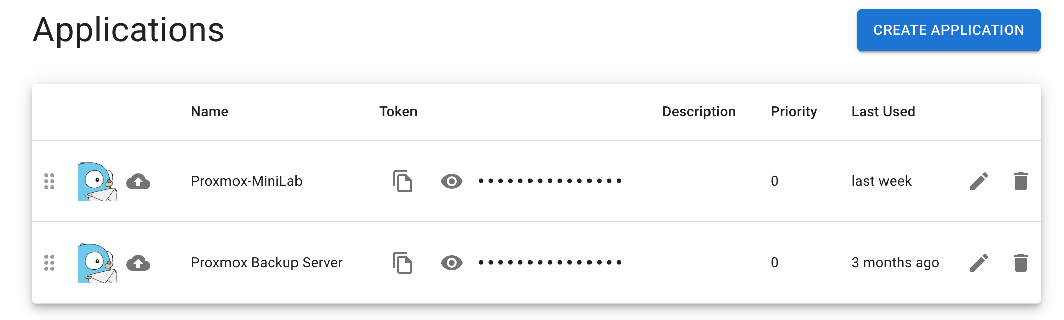 Gotify applications list showing Proxmox-MiniLab and Proxmox Backup Server entries