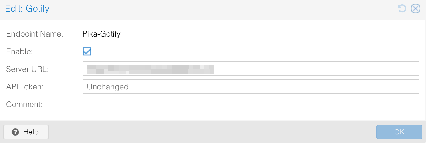 Proxmox Edit: Gotify dialog showing endpoint name, server URL, and API token fields