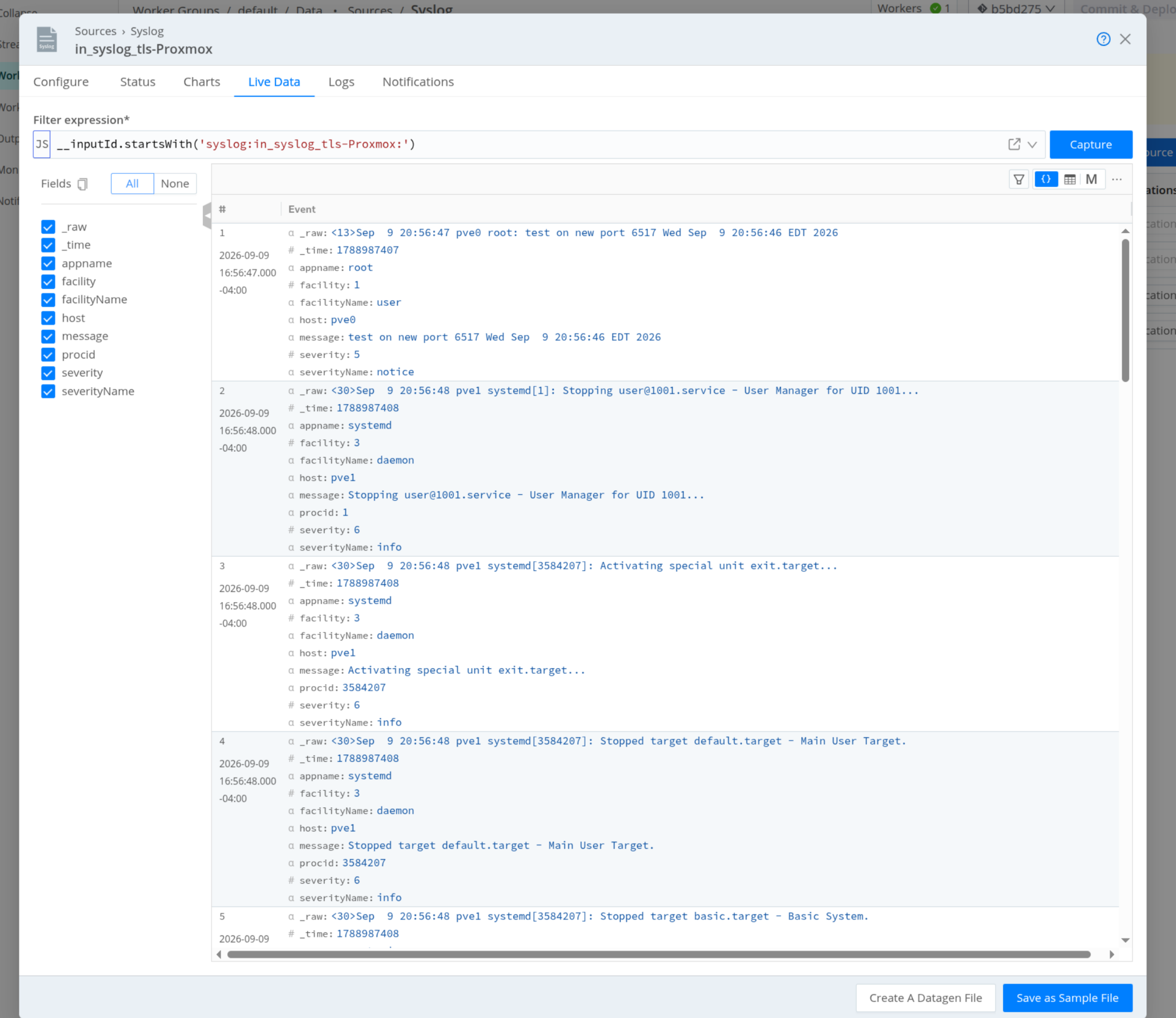 Cribl Live Data capture for the in_syslog_tls-Proxmox source showing parsed syslog events from pve0 and pve1 with fields like appname, facility, host, message, and severity