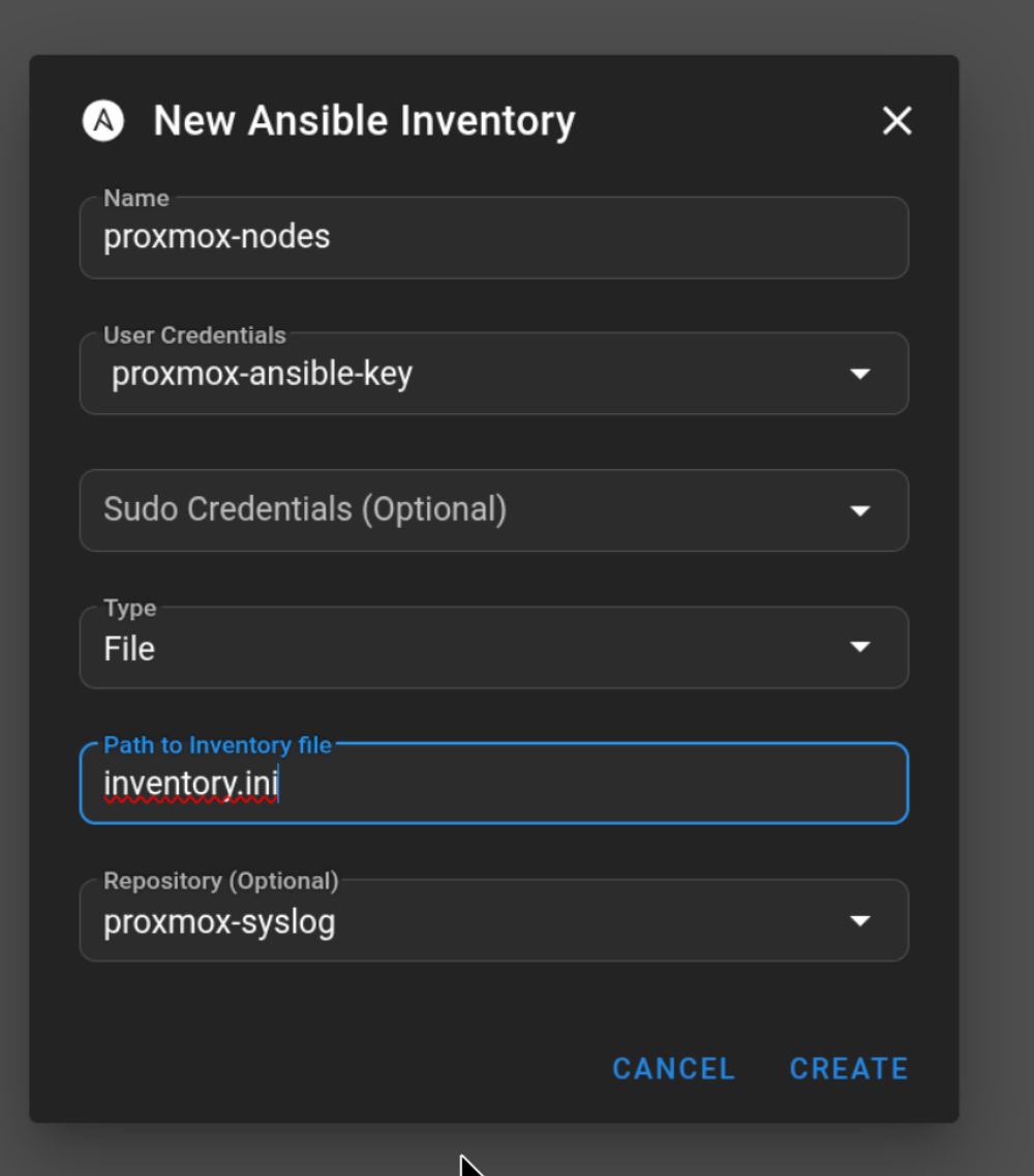 Semaphore New Ansible Inventory dialog referencing the proxmox-ansible-key credential, a File-type inventory pointed at inventory.ini, and the proxmox-syslog repository