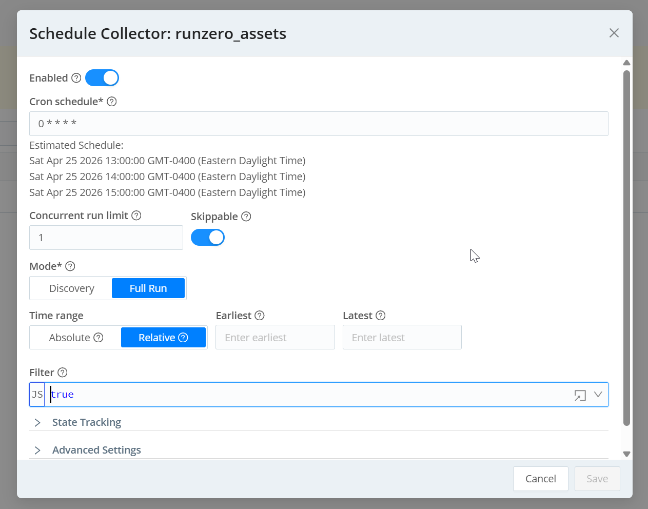 Cribl Schedule Collector dialog showing hourly cron schedule, Full Run mode, and Skippable enabled