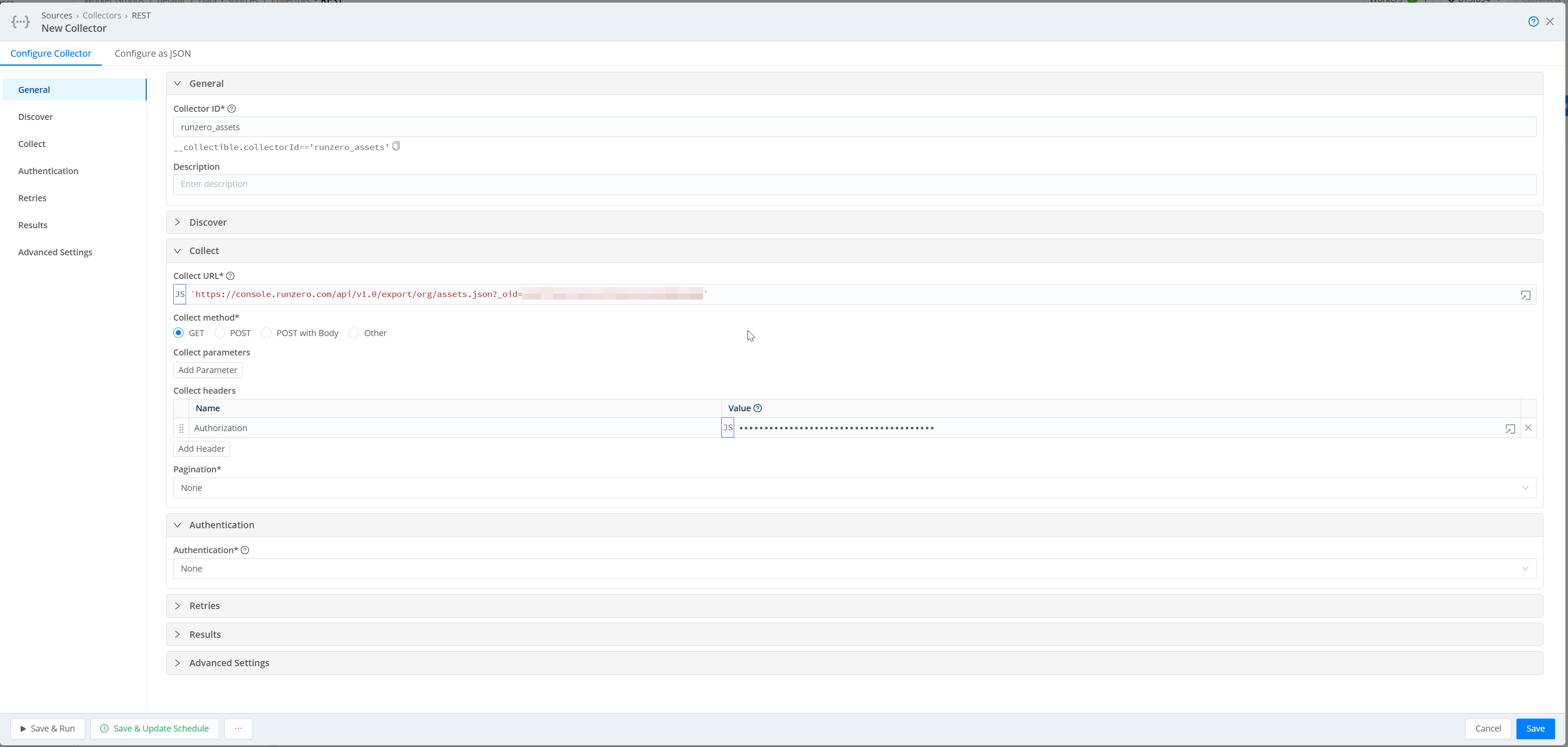Cribl REST collector configuration showing the RunZero API collect URL and Authorization header