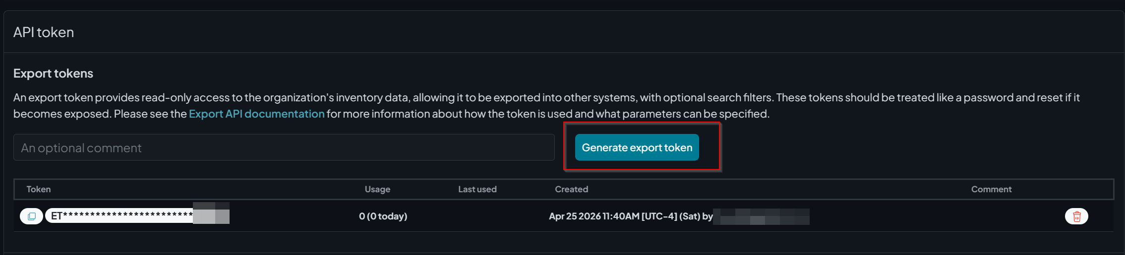 RunZero API token page showing the Export tokens section with a Generate export token button