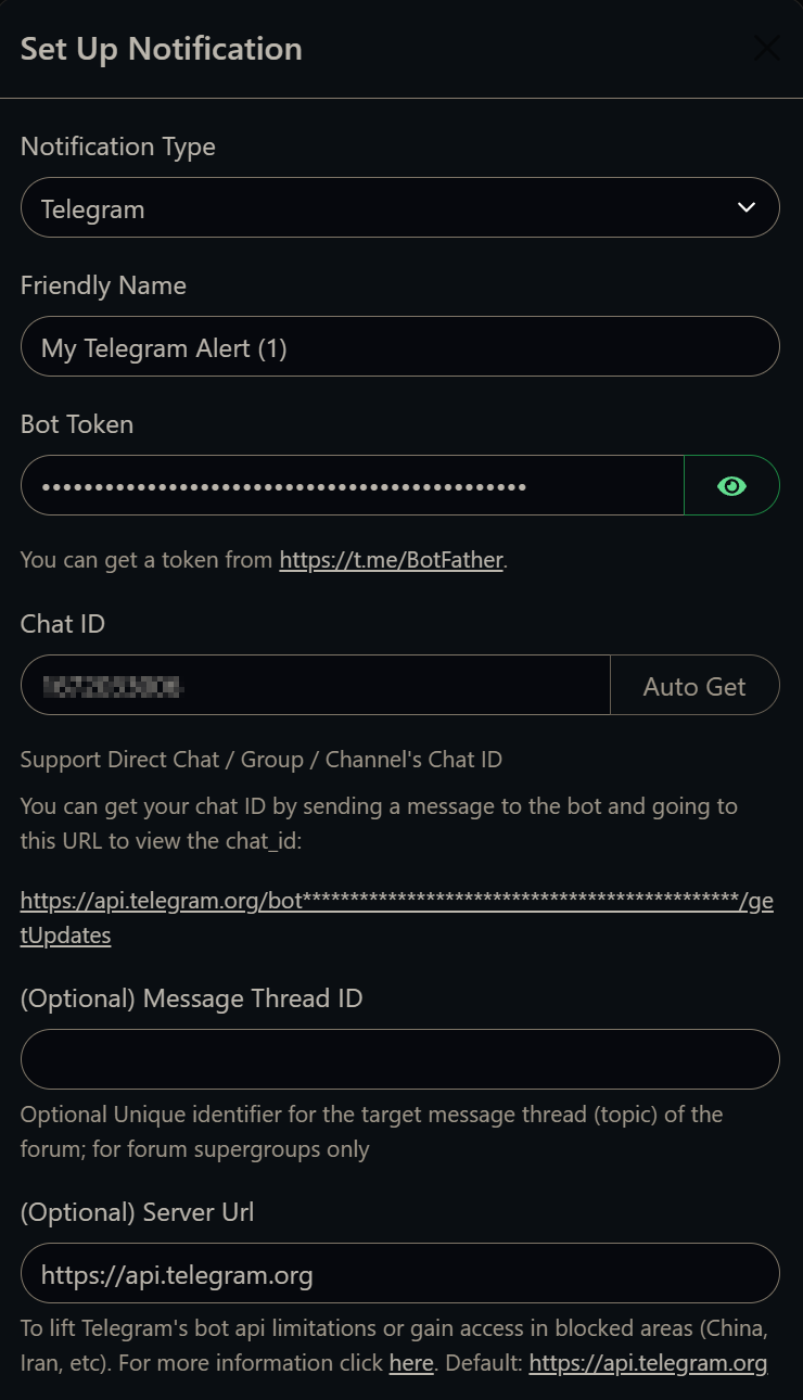 Uptime Kuma notification setup showing Telegram bot token and chat ID fields