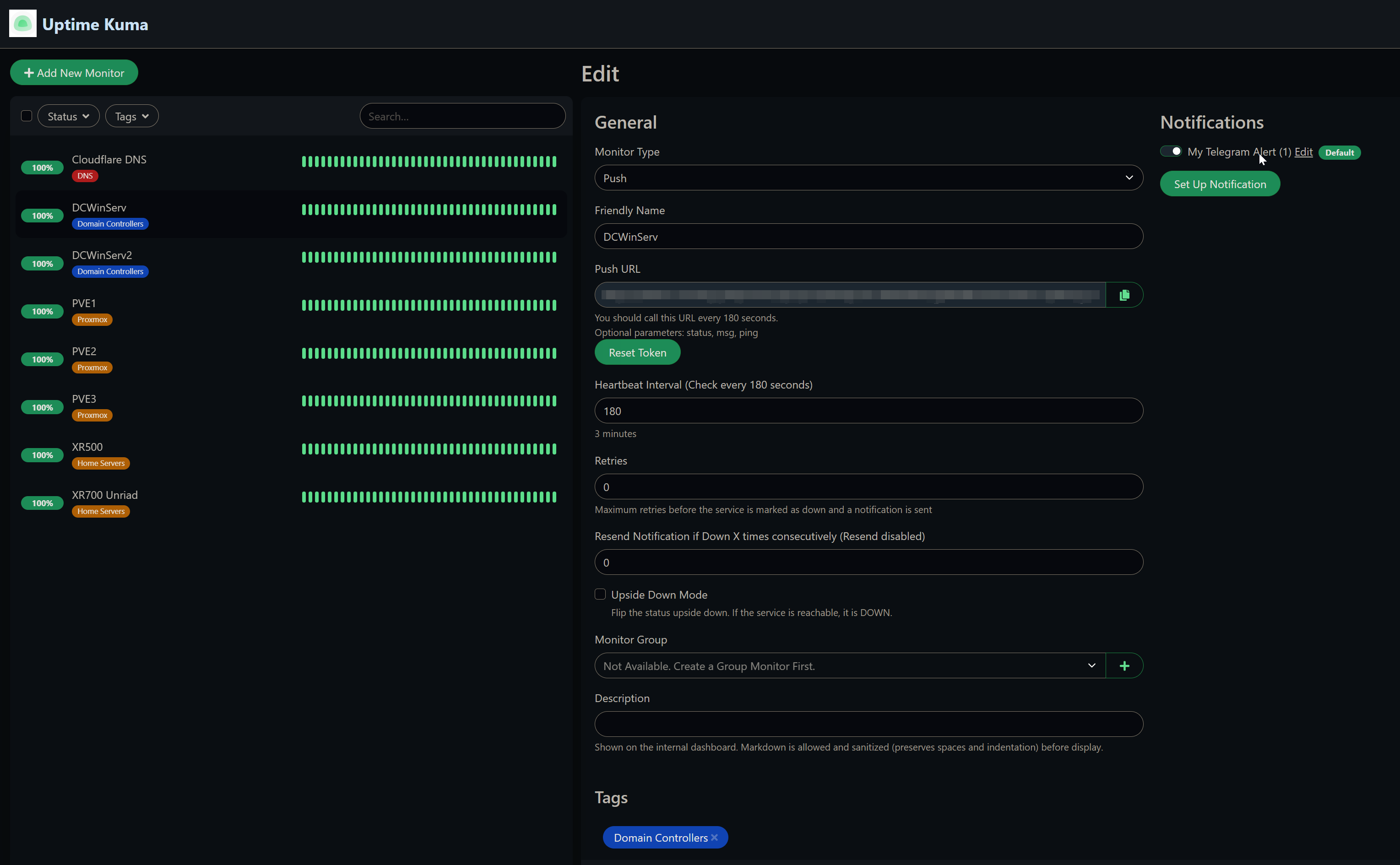 Uptime Kuma push monitor configuration showing push URL and 180 second heartbeat interval